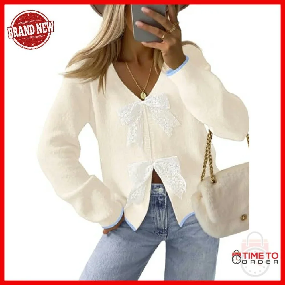 Women's Tie Front Bow Cardigan Chunky Knit V-Neck Long Sleeve Sweater